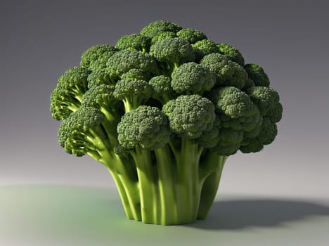 The image is a green broccoli plant with thick, dark green leaves and a long, thin stem.