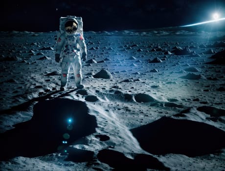 The image shows a person standing on the surface of the moon, looking up at the sky.