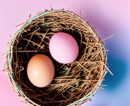 The image depicts two eggs in a nest made of straw, with a pink background.