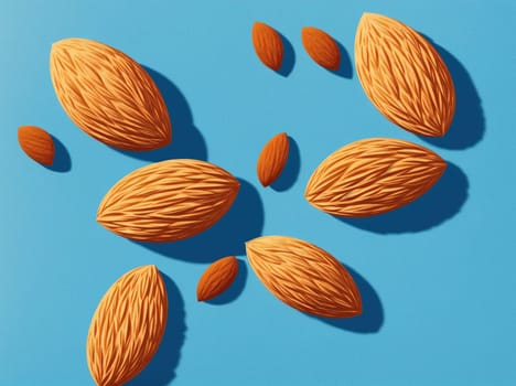 The image shows a group of almonds on a blue background.