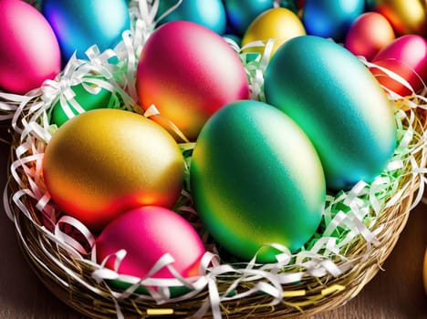 The image shows a basket filled with colorful eggs, surrounded by a wreath made of twigs and leaves.