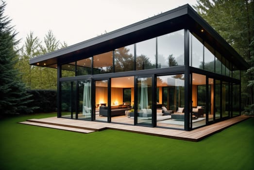 The image shows a modern glass house with a large glass wall that provides an open and airy feel.