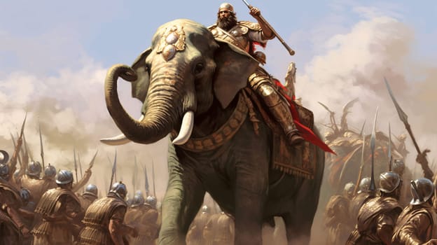 Banner: elephant in the armor of the medieval knight. 3d illustration