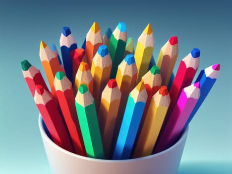 The image is a white cup filled with colorful pencils.