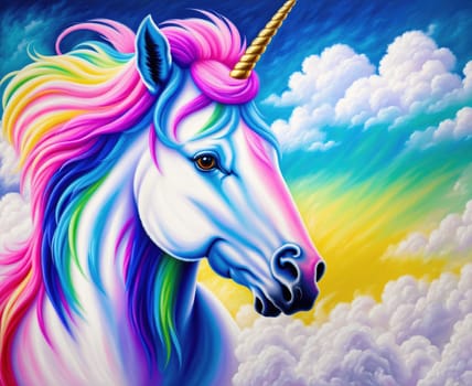 The image depicts a unicorn with a pink mane and tail, standing in front of a cloudy sky.