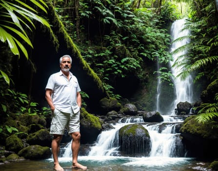 The image shows a man standing in front of a waterfall in a lush, green jungle environment.