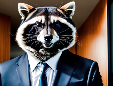 The image shows a raccoon wearing a suit and tie standing in front of a white wall.