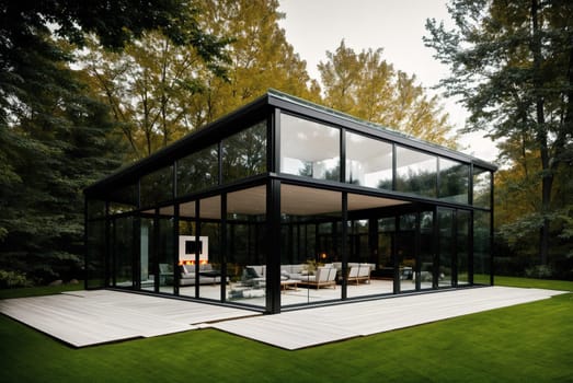 The image is a modern glass house with a minimalist design, surrounded by trees and greenery.