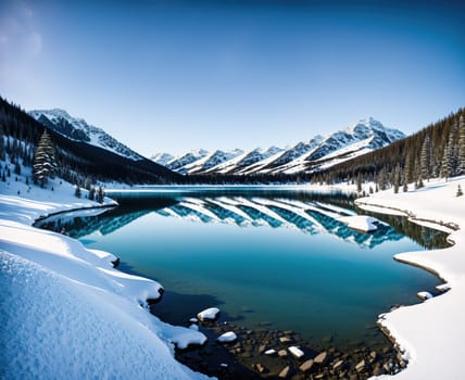 The image shows a serene winter landscape with snow covered mountains in the background and a small lake in the foreground.