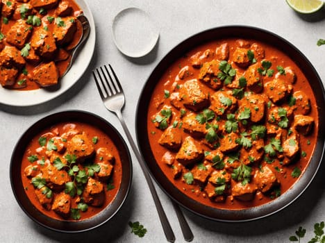 The image shows a plate of chicken curry with rice and lime wedges on the side.