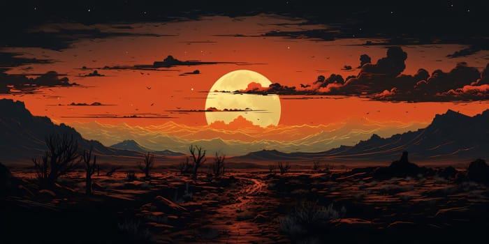 Banner: Fantasy landscape with mountains and a road at sunset. Vector illustration.