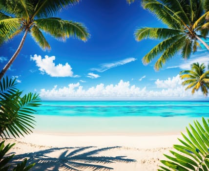 The image shows a tropical beach with palm trees and a clear blue sky in the background.