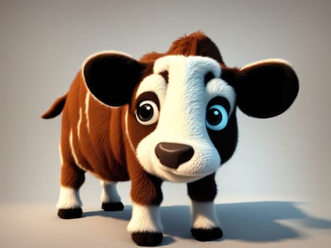 The image is a cartoon image of a brown and white cow standing on its hind legs, looking up at the camera with big brown eyes.