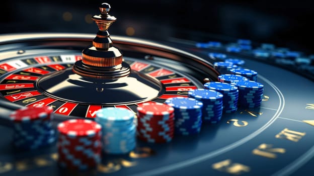 Banner: Casino roulette wheel and chips. 3d render illustration.