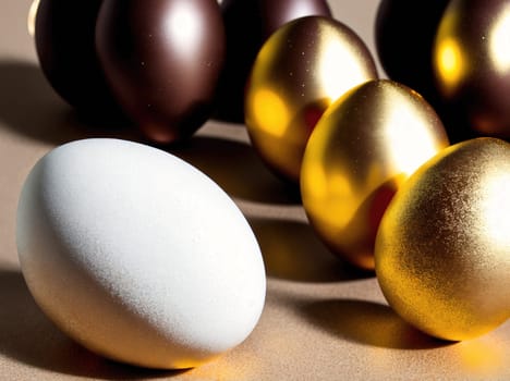 The image shows a group of golden eggs on a beige background.