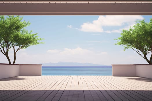 Banner: Balcony overlooking the sea and mountains. 3D Rendering