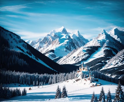 The image shows a snowy landscape with a castle in the distance, surrounded by trees and mountains in the background.