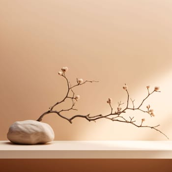 Banner: 3d render, beige background, white stone, branch with flowers