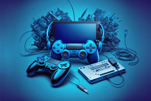 Banner: Gamepad with joystick and video game console on blue background. 3D rendering