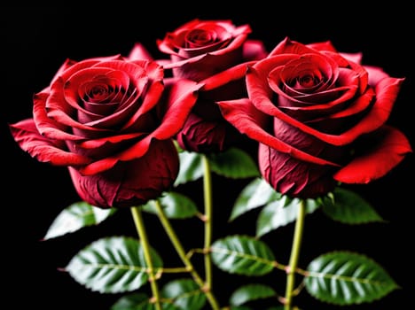The image shows three red roses arranged in a vase with green leaves.