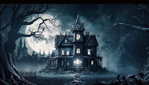 Banner: Halloween background with haunted house and full moon. 3d rendering