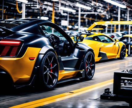 The image shows a large factory with rows of cars on the assembly line, with workers in yellow vests and hard hats working on the vehicles.