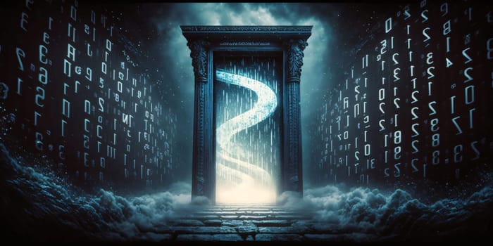 Banner: Door to the future with binary code. 3D rendering.