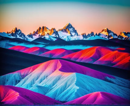 The image is a beautiful landscape with mountains in the background and pink and purple hues in the foreground.