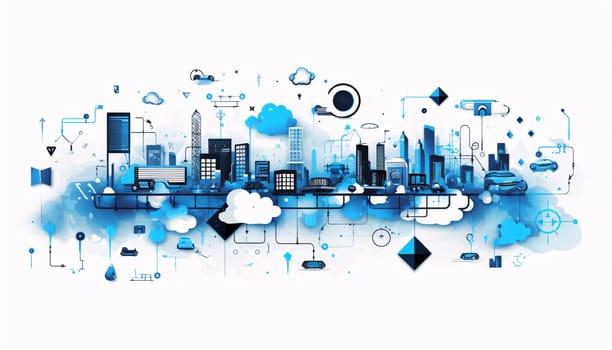 Banner: Smart city concept with buildings, skyscrapers and business icons. Vector illustration.