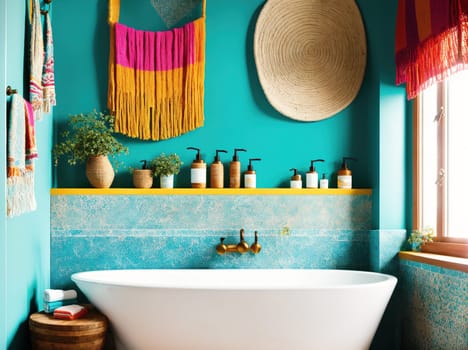 The image is a bathroom with a white bathtub, yellow and pink accents, and a blue and white tiled wall.