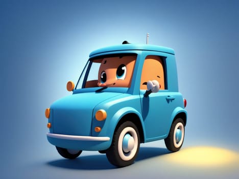 The image is of a small blue car with a smiling face on the front, sitting on a gray background.