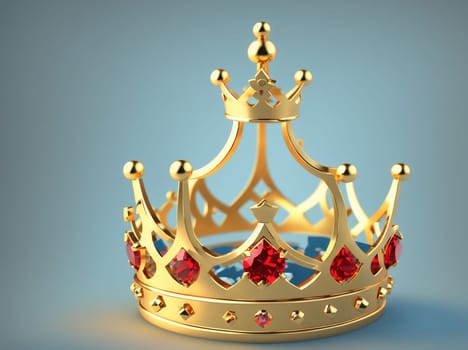 The image is a golden crown with red gems on top of a gray background.