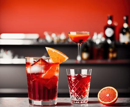 The image shows a group of three glasses of red wine and orange slices on a bar with a bottle of wine in the background.