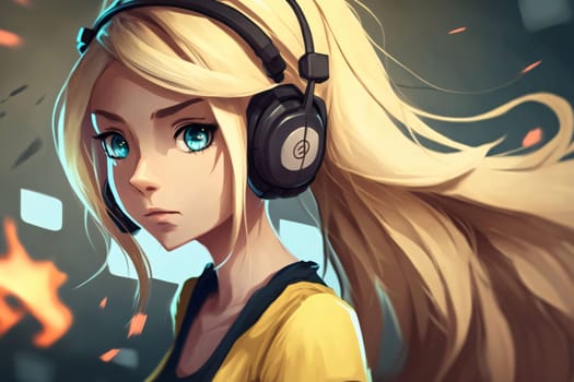 Banner: Portrait of a beautiful young woman with headphones listening to music.