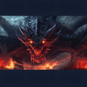 Banner: Fantasy dragon with fire in the dark. 3D illustration.