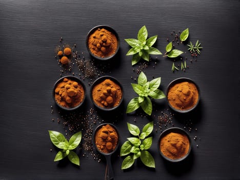 The image shows a group of herbs and spices arranged on a table, including basil, oregano, thyme, and rosemary.