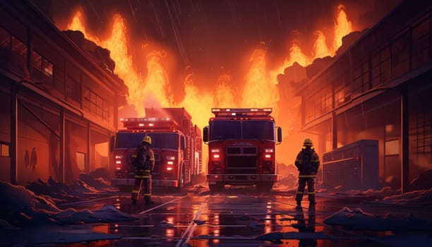 Banner: Firefighters extinguish a fire in the city. 3d rendering