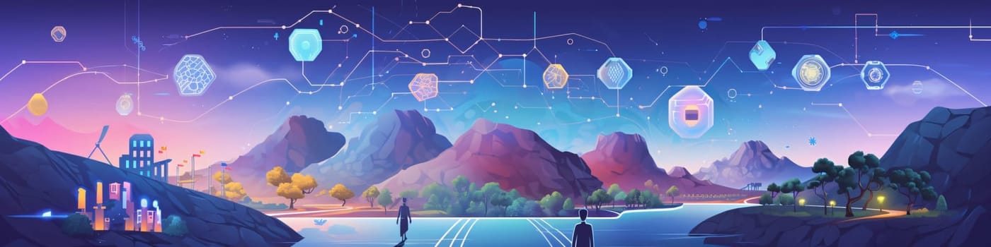 Banner: Futuristic landscape with mountains, lake and people. Vector illustration