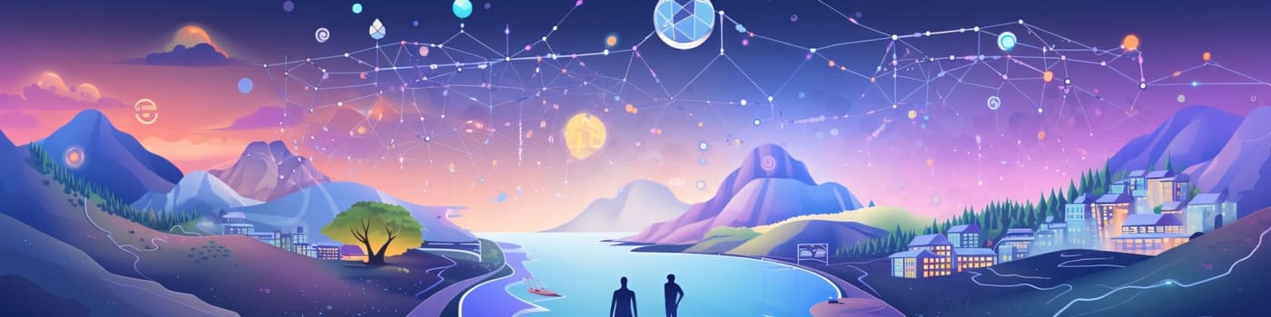 Banner: Landscape with lake, mountains and people. Vector illustration in flat style