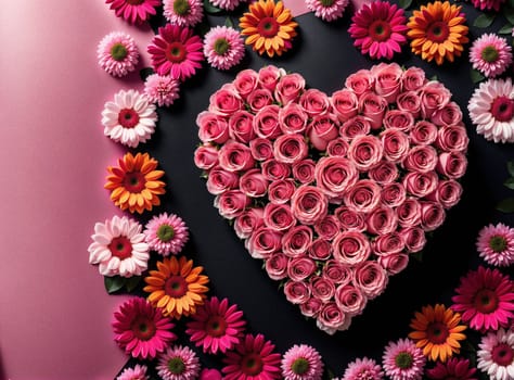 The image is a heart-shaped arrangement of pink roses surrounded by daisies and other flowers on a pink background.