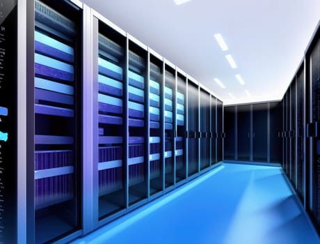 The image shows a large server room with rows of servers lined up against the walls, with cables and wires connecting them together.