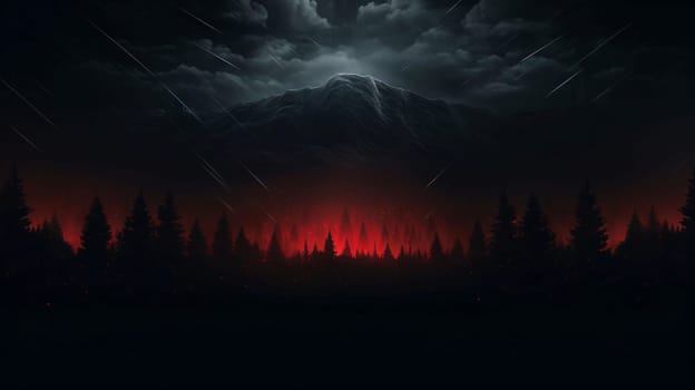 Banner: Fantasy landscape with mountain and forest at night. 3D illustration