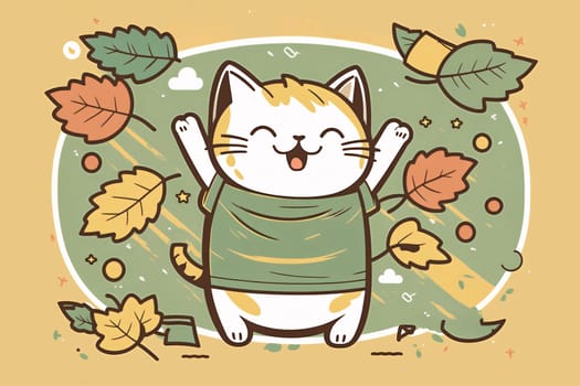 Banner: Vector illustration of Cute cat with autumn leaves. Cartoon style.