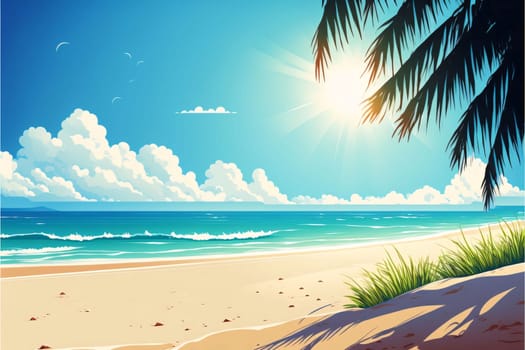 Banner: Vector illustration of a tropical beach with palm tree and sand, sun and sea