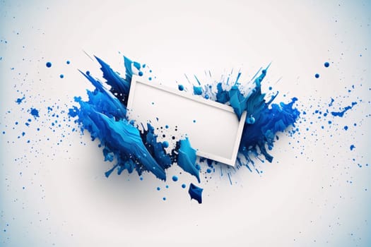 Banner: Blue paint splashes on white background with blank frame. Vector illustration