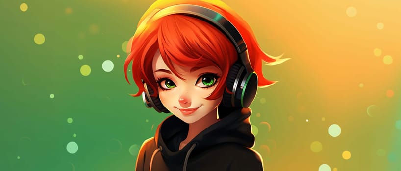 Banner: Illustration of a beautiful redhead girl with headphones listening to music
