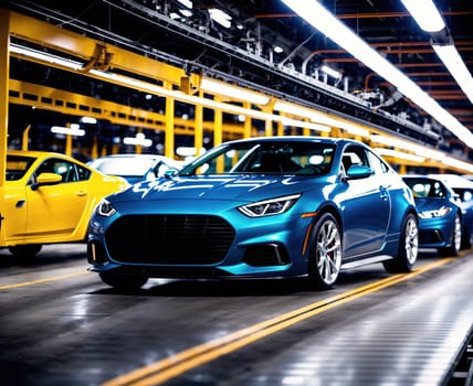 The image shows a row of blue cars parked in a factory, with the words Factory written above them.