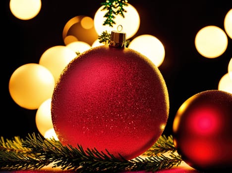 The image shows a red Christmas ball hanging from a branch with lights in the background.