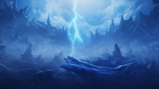 Banner: Fantasy landscape with blue sky, clouds and lightning. 3d illustration