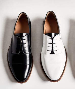 The image shows a pair of black and white shoes with laces on the sides.